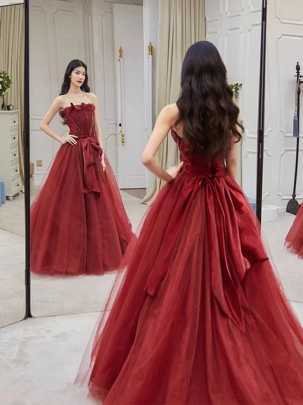 Pretty Burgundy Strapless Tulle Long Prom Dress Party Evening Dress