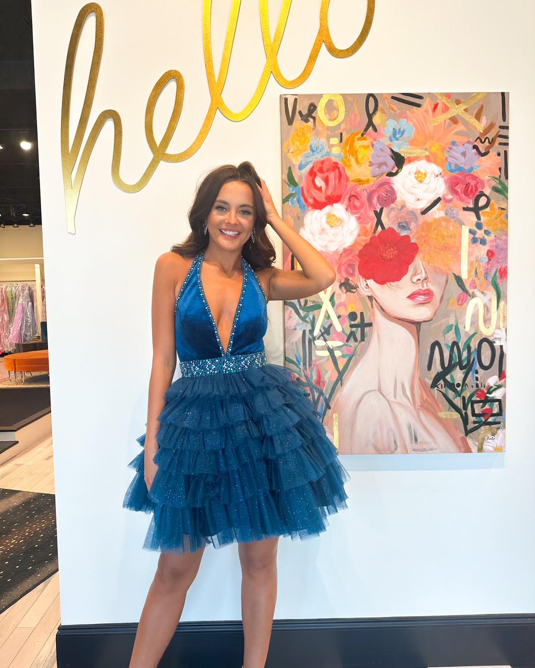Stylish A Line Halter Neck Blue Short Homecoming Dress with Beading Ruffles
