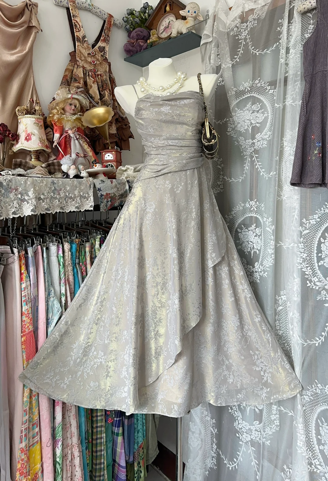 Vintage Spaghetti Straps Satin Print Floral Party Dress Birthday Dress