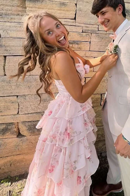 Pink A-Line Strapless Empire-Waist V-Neck Ruffles Print Prom Dress