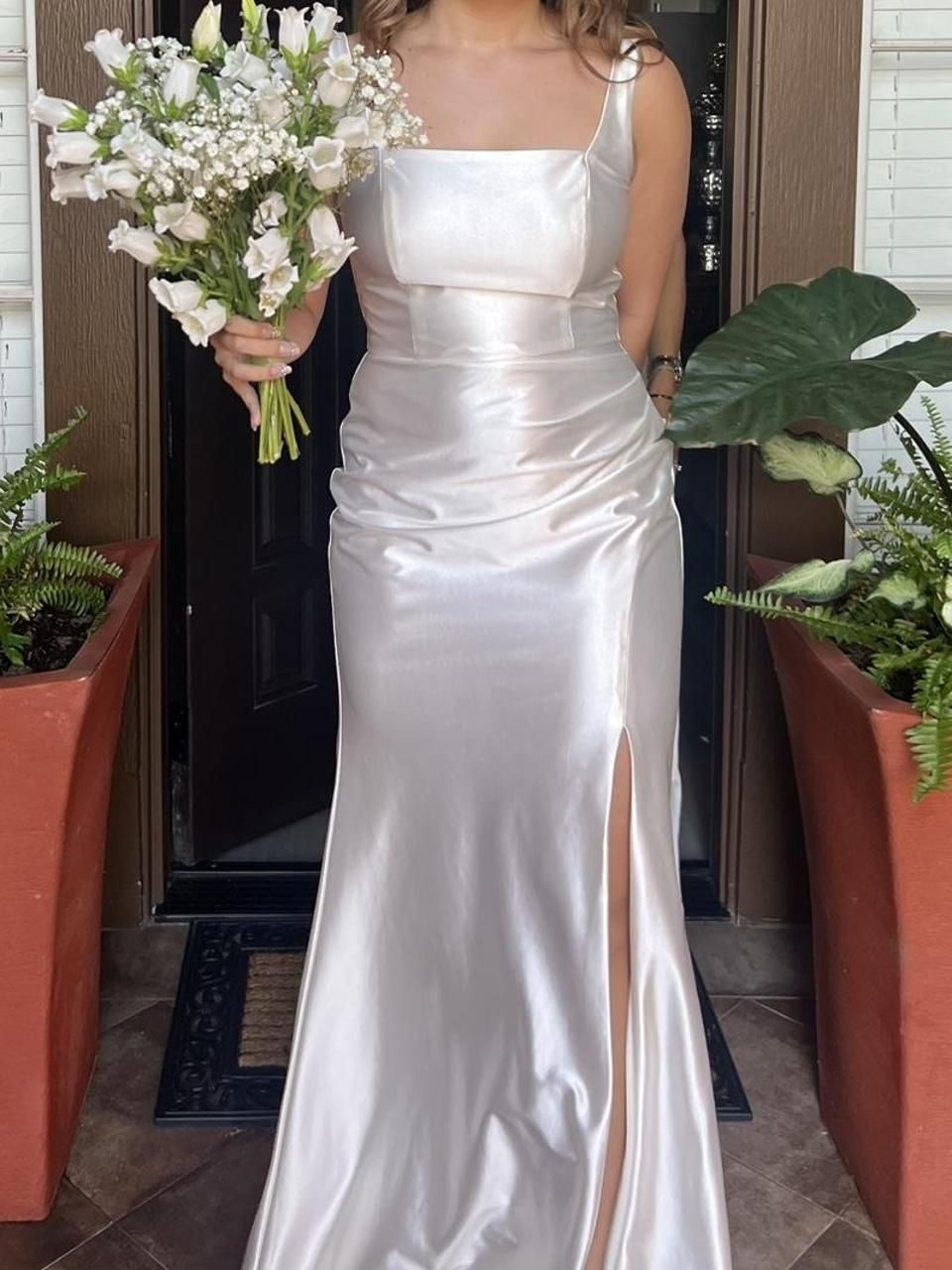 Elegant White Satin Slit Mermaid Long Wedding Dress Formal Bridal Dress