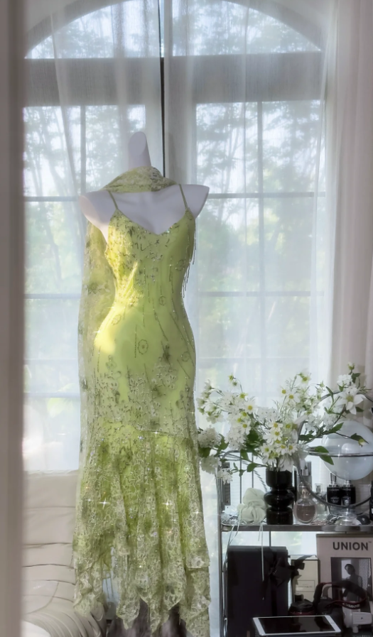 Classy Spaghetti Straps Light Green Chiffon Beaded Mermaid Evening Dress Long Party Dress
