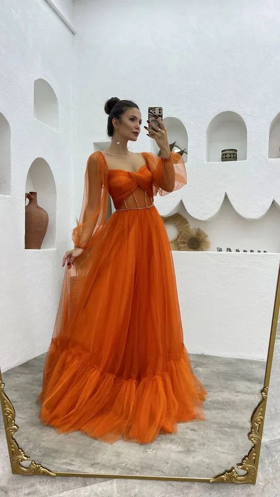 A Line Tulle Orange Long Sleeves Long Prom Dress Long Evening Dress