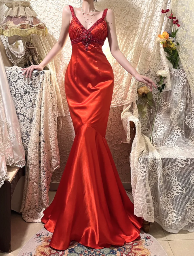 Charming Spaghetti Straps Red V Neck Satin Beaded Party Dress Long Wedding Guest Dress