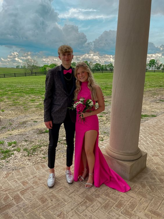 Beaded Slit Sheath Prom Dress Hot Pink Long Evening Dress