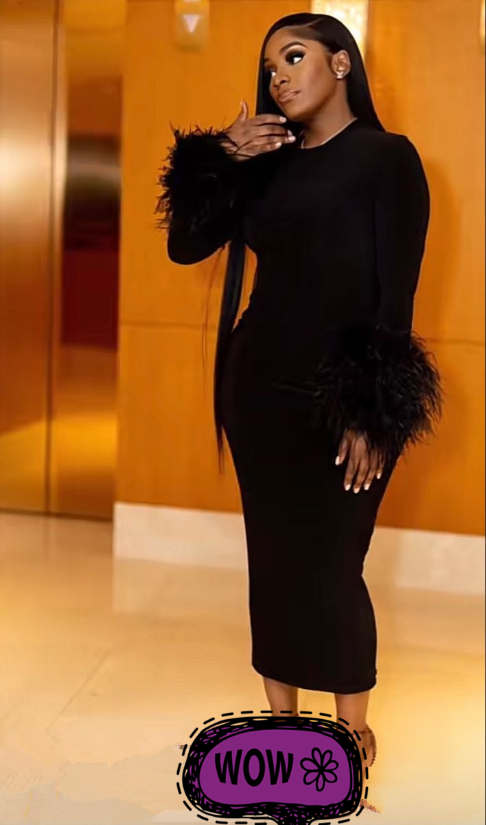 Feather Patchwork Dress Women Elegant Chic Bodycon Evening Party Dress