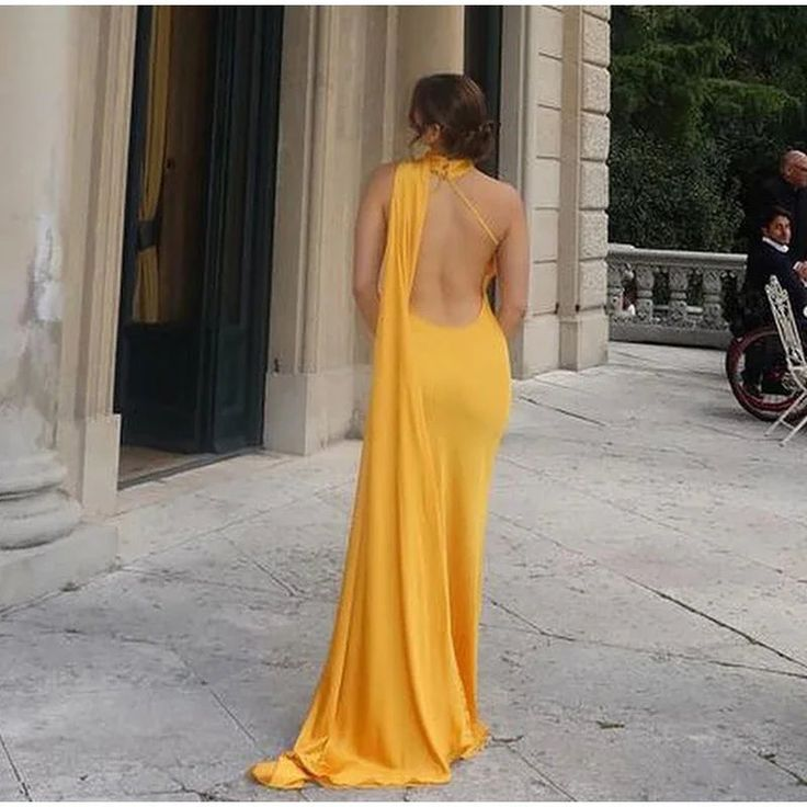 Sexy Halter Yellow Satin Backless Mermaid Evening Dress,Long Party Dress