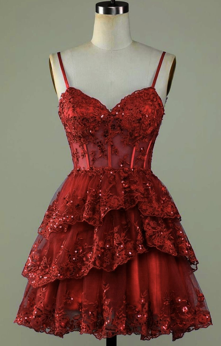 Pretty Spaghetti Straps Red Tulle Lace Short Prom Dress Homecoming Dress