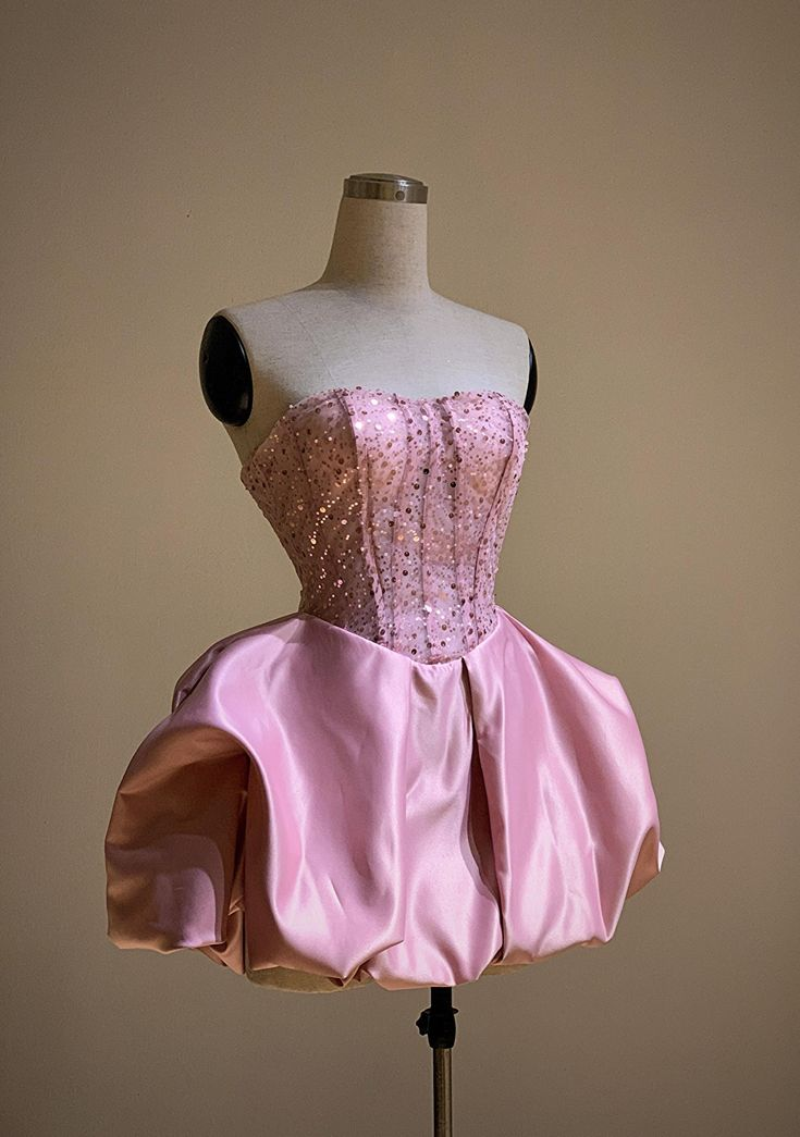 Pretty Strapless Hot Pink Satin Sequin A Line Short Homecoming Dress Formal 20th Birthday Outfits