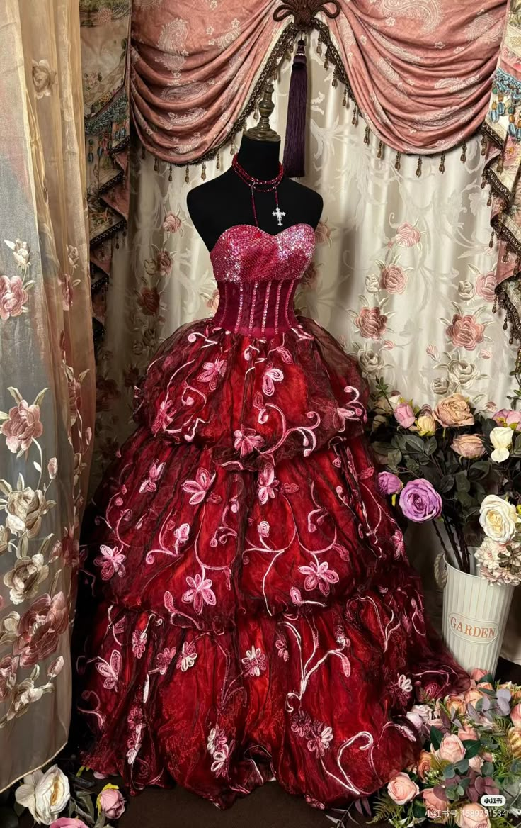 Retro Strapless Sequin Tulle Floral Layered Ball Gown Burgundy Sweet 16 Dress