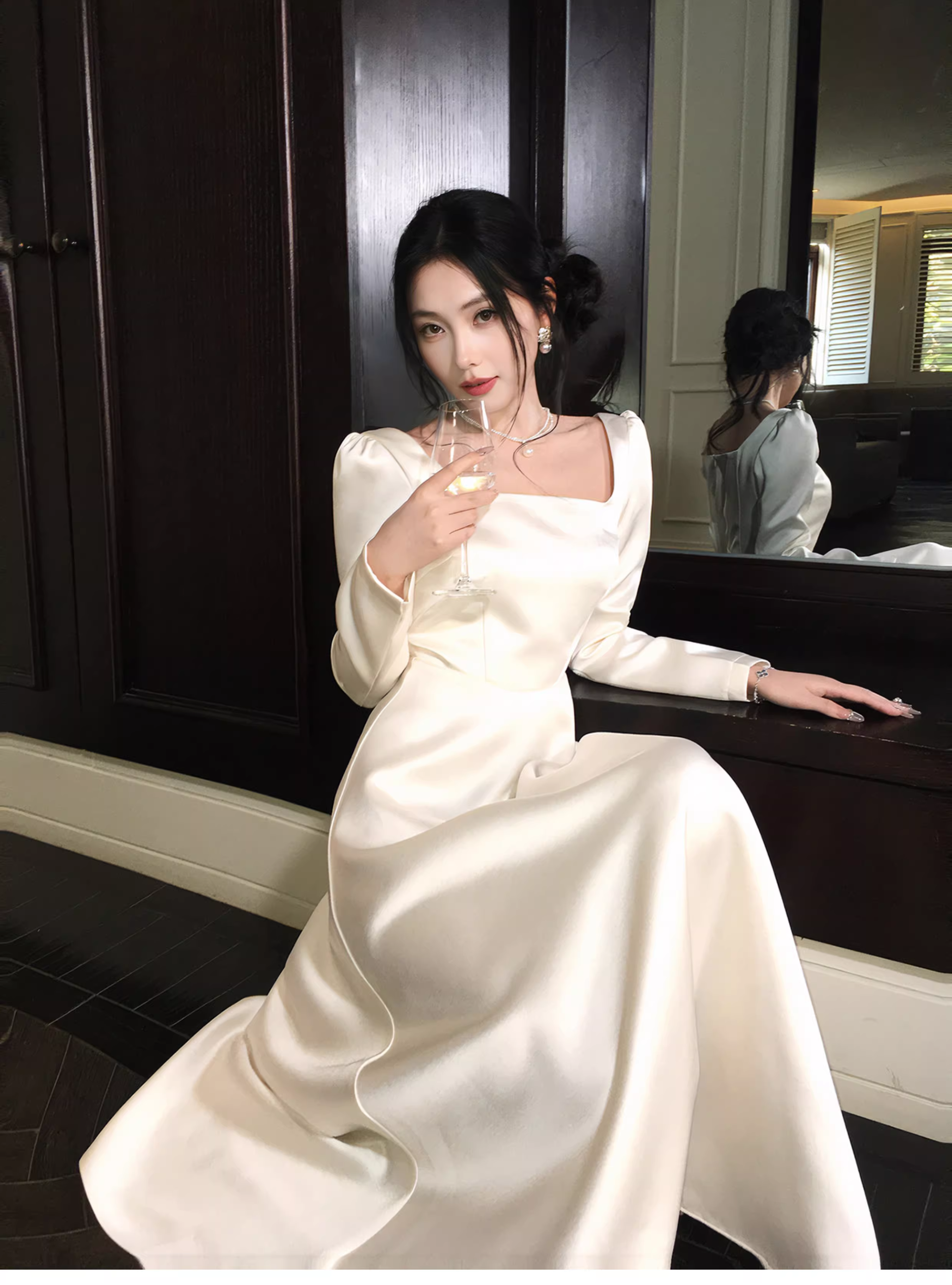 Elegant Square White Satin A Line Long Party Dress Evening Dress