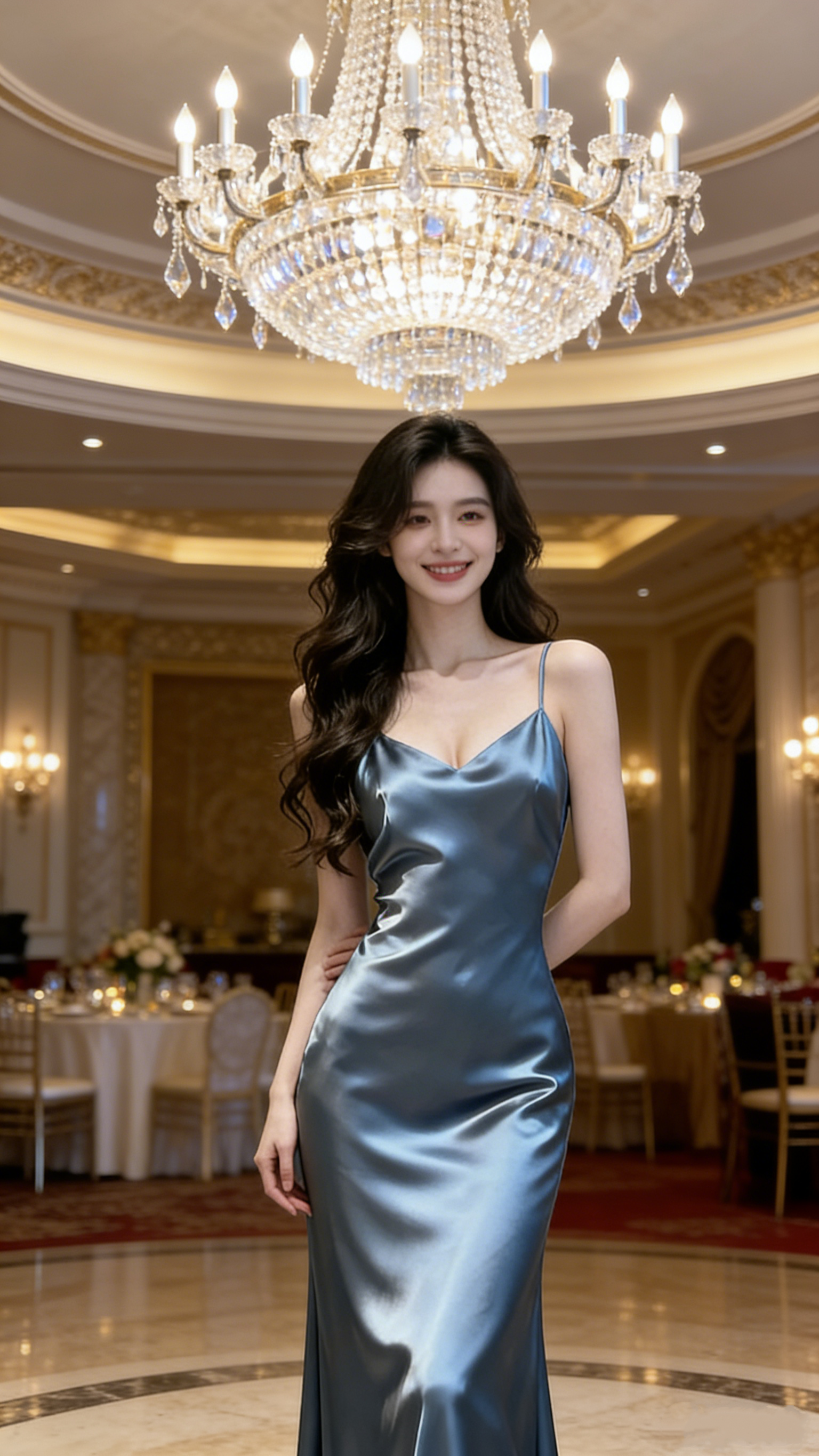 Classy Spaghetti Straps V Neck Blue Satin Mermaid Long Wedding Guest Dress Bridesmaid Dress
