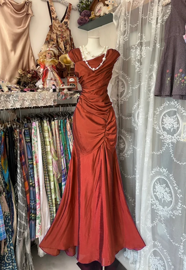 Mermaid Pleats Vintage Prom Dress Long Evening Dress