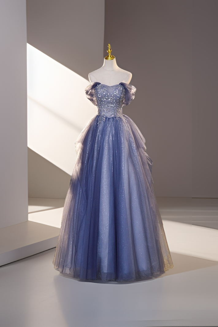 Blue Off The Shoulder Sequins Tulle Evening Dress Sweet 16 Dress