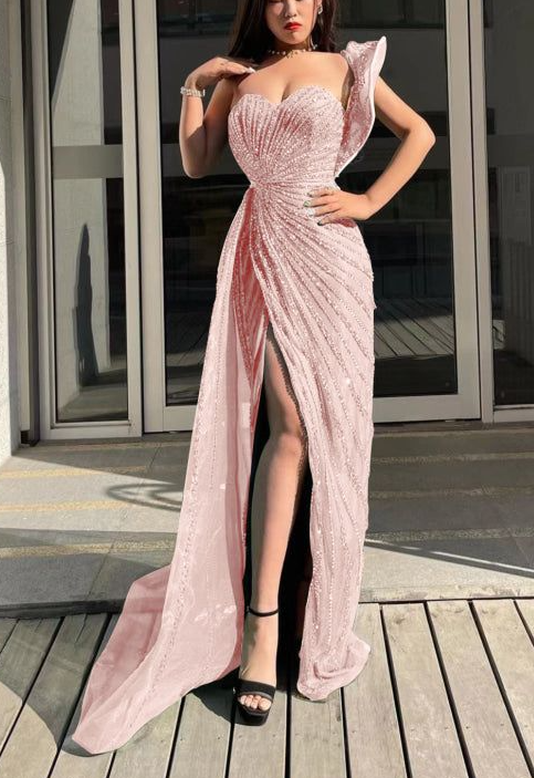 Emerald Green Sweetheart One-Shoulder Sequins Beading Evening Dress Mermaid Prom Dress With Split