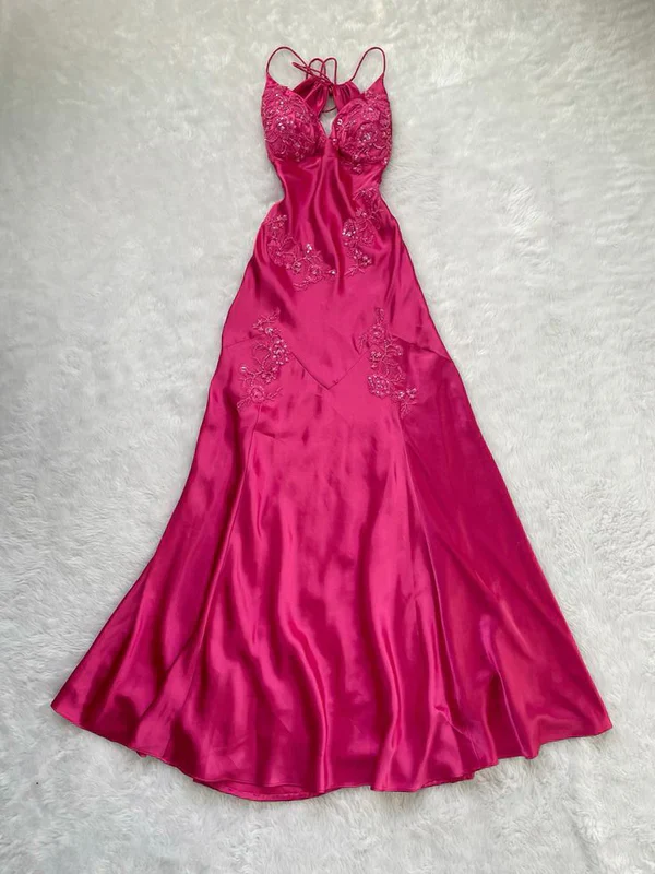 Charming Hot Pink Satin Beaded Prom Dress Evening Gown