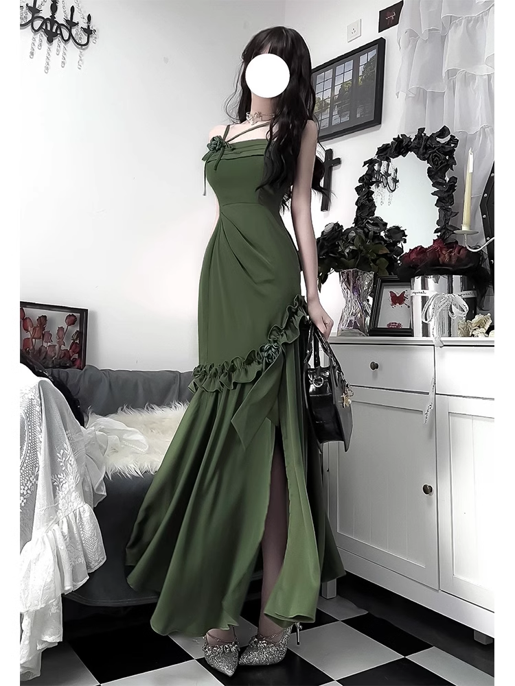 Chic Mermaid Straps Green Long Ruffles Prom Dresses Birthday Dress