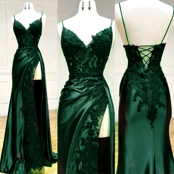 Sexy Mermaid Spaghetti Straps Dark Green Lace Backless Prom Dress Party Dress