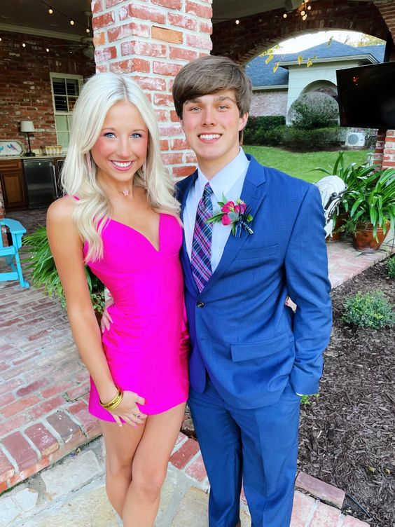 A-line V Neck Simple Homecoming Dress Straps Cute Party Dress Hot Pink Homecoming