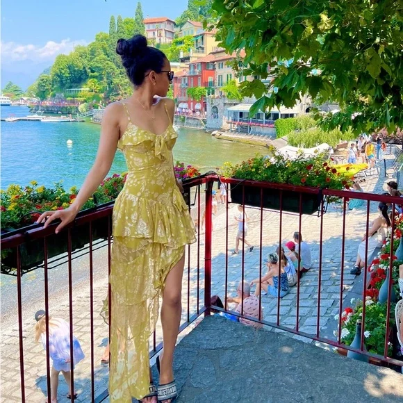 Unique Spaghetti Straps Lemon Yellow Tiered Long Prom Dress Sexy Party Evening Gown