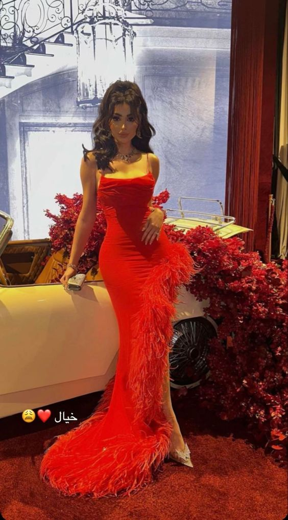 Sexy Mermaid Red Straps Long Prom Dress,Formal Evening Dress With Feathers