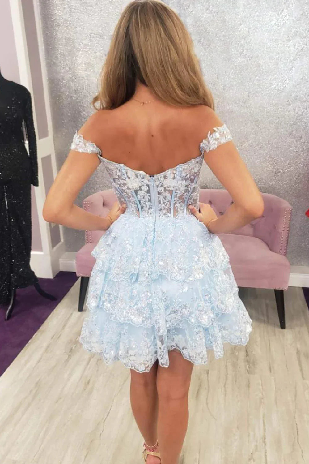 A Line Fchsia Homecoming Dress Seeing Sparkles Off the Shoulder Graduation Dress with Ruffles