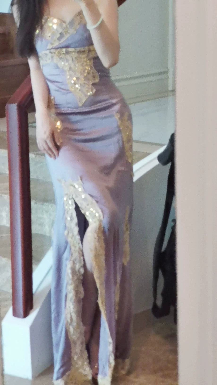 Elegant Satin Long Prom Dress With Split Vintage Evening Dress With Lace Applique