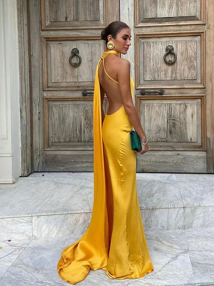 Sexy Halter Yellow Satin Backless Mermaid Evening Dress,Long Party Dress