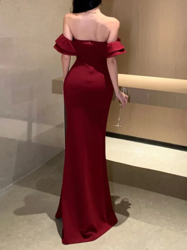Stylish Burgundy Off The Shoulder Satin Slit Mermaid Evening Dress Long Wedding Guest Dress