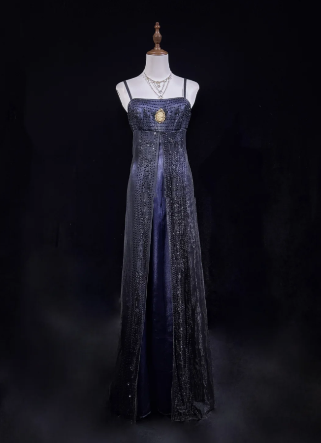 Gorgeous Spaghetti Straps Navy Blue Satin Beaded Long Party Dress Evening Dresses