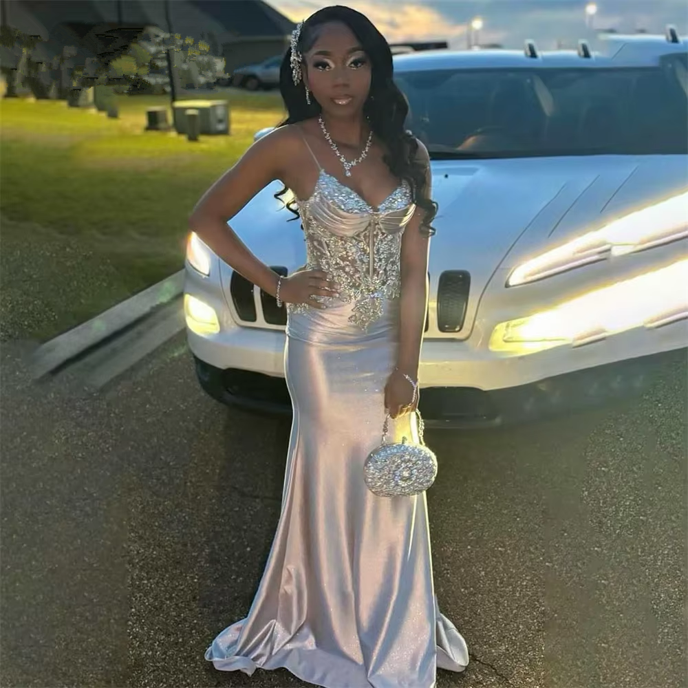 Satin Evening Dress, Silver Prom Dresses, V Neck Mermaid Spaghetti Straps Floor Length Dress
