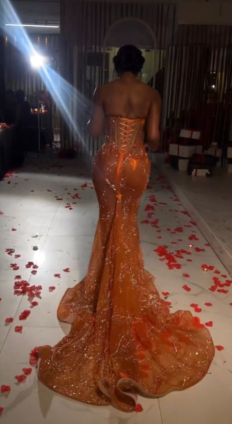 Gorgeous Orange Beaded Applique Mermaid Evening Dress Long Prom Dress