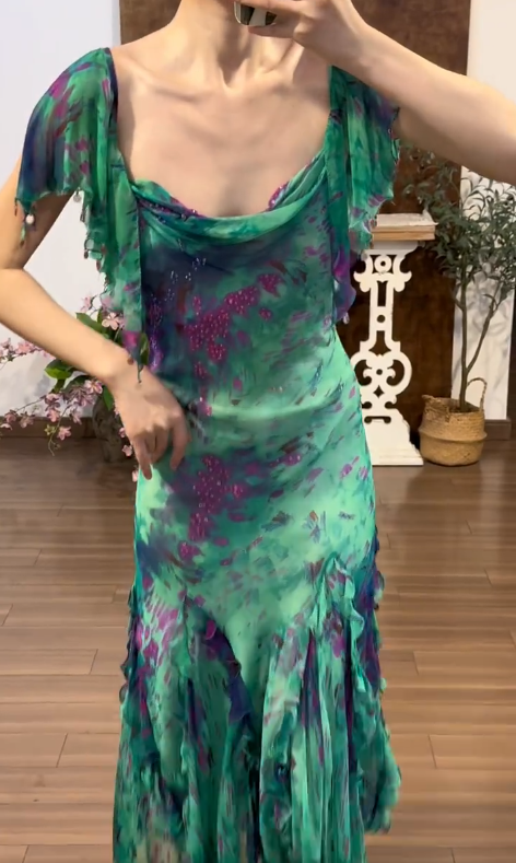 Green Chiffon Vintage Prom Party Dress Evening Dress Birthday Outfit