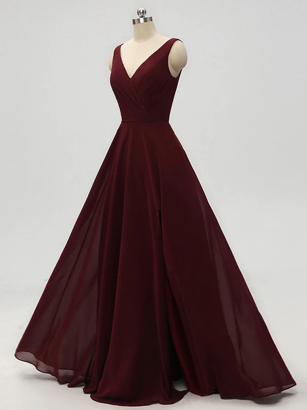 A-line V-neck Burgundy Chiffon Prom Dresses With Pleats