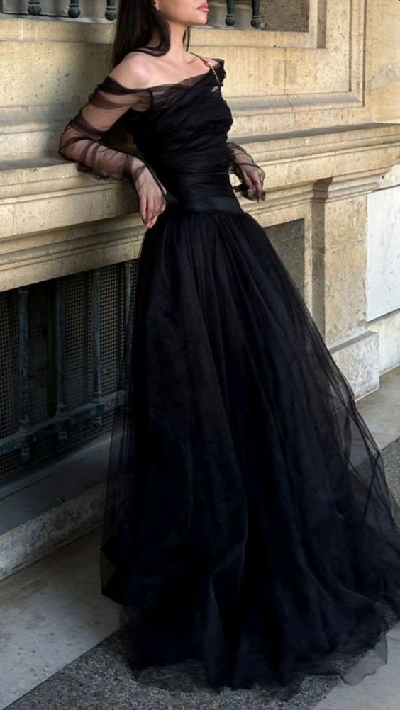 Vintage Black Off The Shoulder Tulle Long Prom Dress Evening Dress