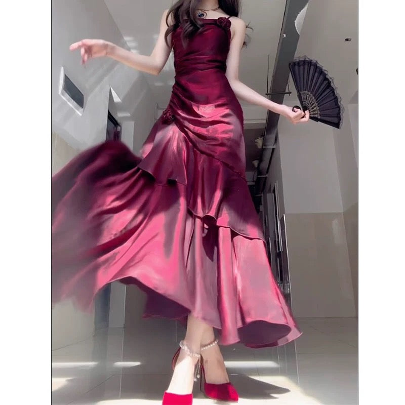 Wine Red Satin Long Straps Prom Dress Wine Red A-line Party Dress
