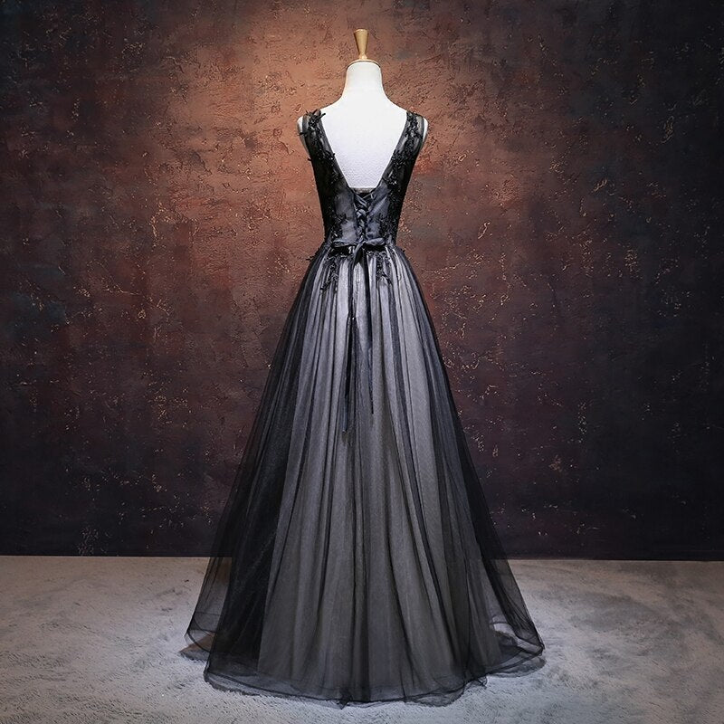CHIC A-LINE V-NECK FLOOR LENGTH TULLE BLACK APPLIQUE LONG PROM DRESS EVENING DRESS