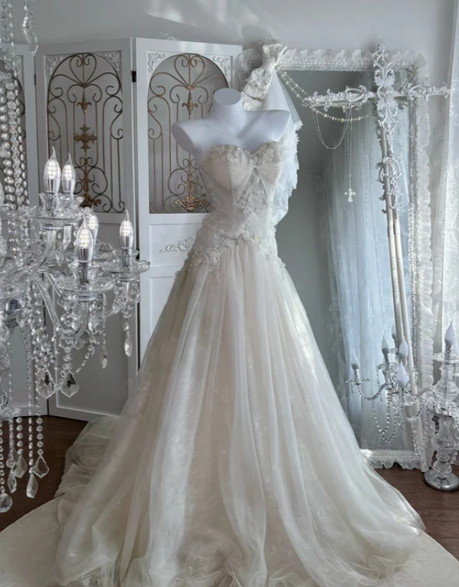 Sweetheart Beige Tulle Prom Party Dress Evening Dress Birthday Dress