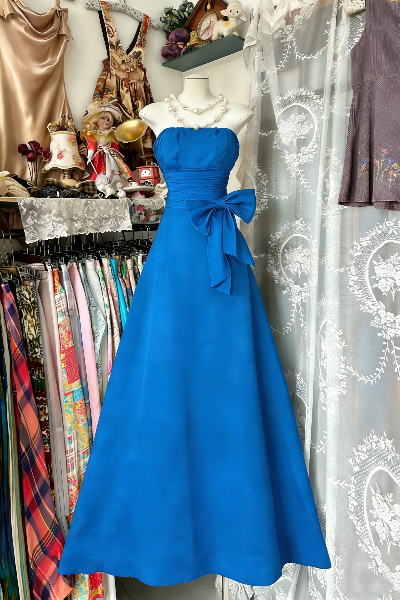 Elegant Navy Blue Strapless Satin Bow A Line Long Wedding Guest Dress Party Dress