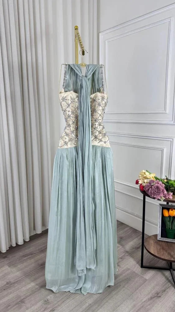 Elegant Light Blue A-line Rhinestone Deep V Halter Neck Chiffon Long Prom Dress Evening Dress