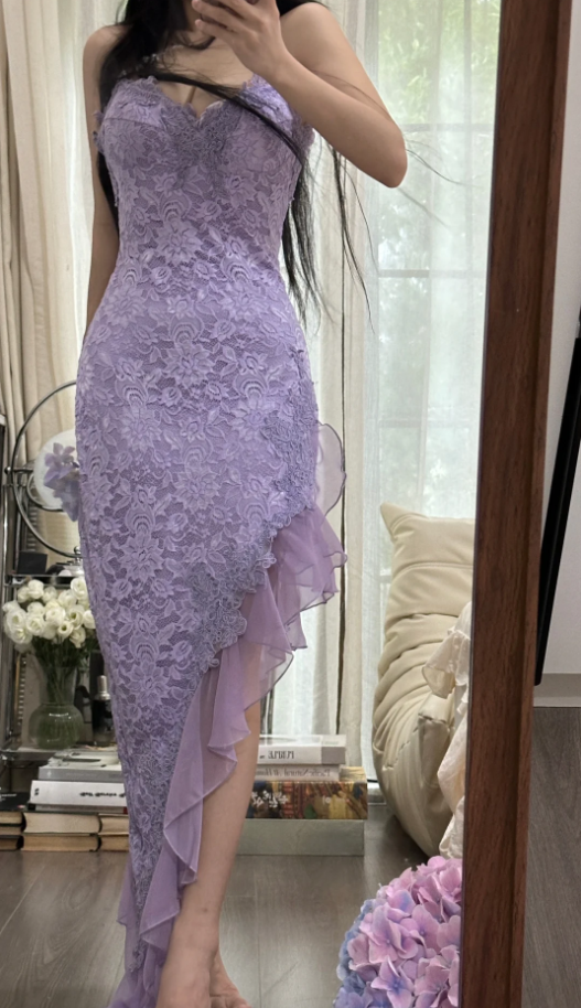 Pretty Spaghetti Straps Lavender V Neck Lace Chiffon Ruffles Long Party Dress Birthday Dress