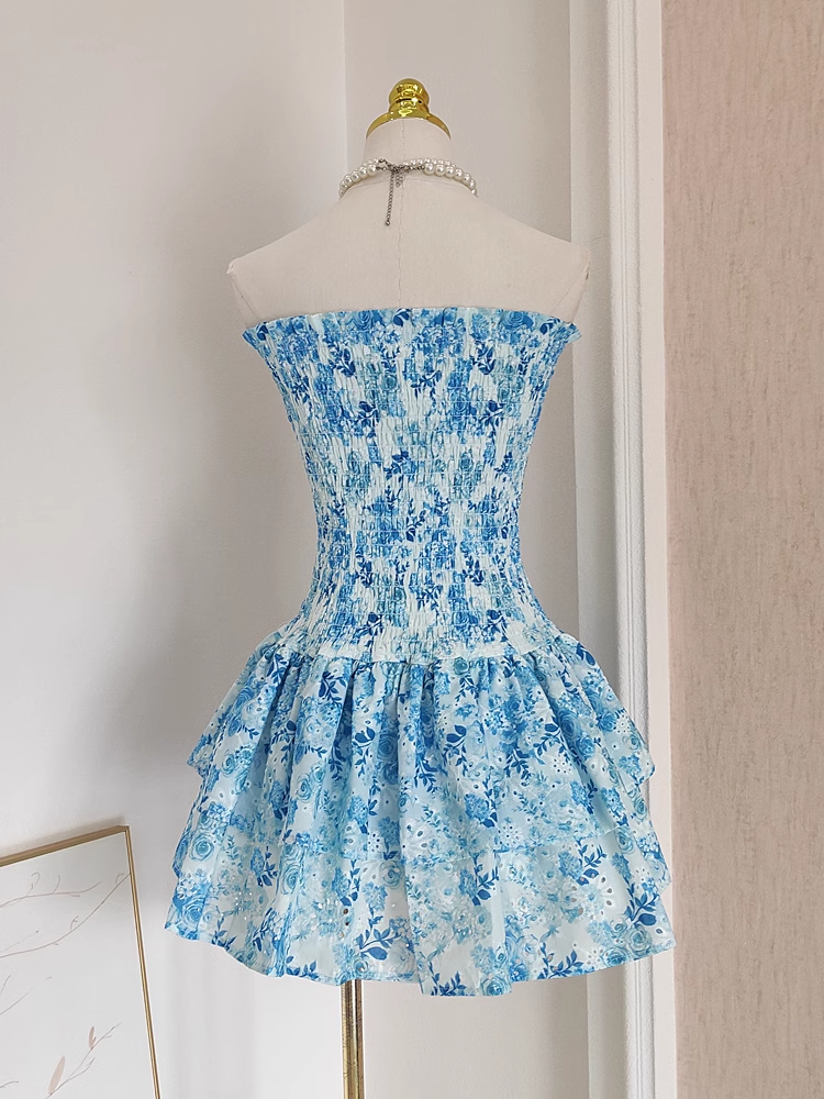Cute A line Strapless Sleeveless Blue Floral Party Dress Short Birthday Outfits