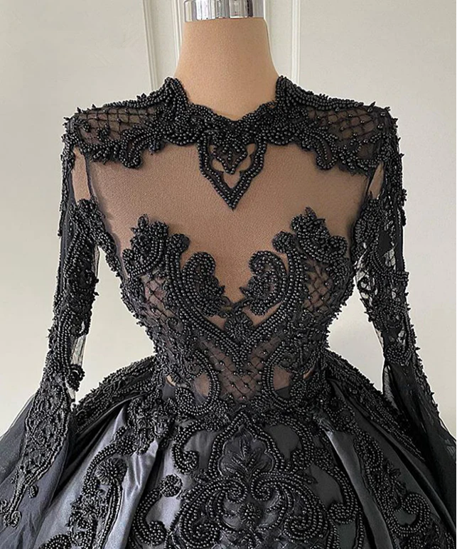 Puffy Ball Gown Women Long Sleeve Evening Dress Black Lace Twill Satin Beaded Dubai Style Formal Prom Dresses