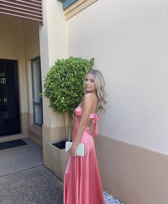 Sexy Backless Pink A Line Satin Evening Dress Long Prom Party Dress