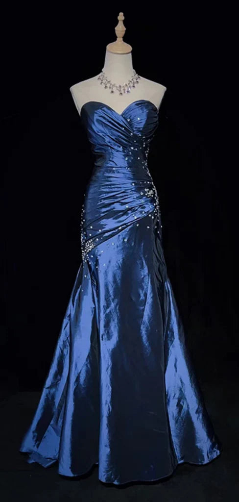 Sexy Sweetheart Blue Mermaid Satin Beaded Long Prom Dress Party Gown