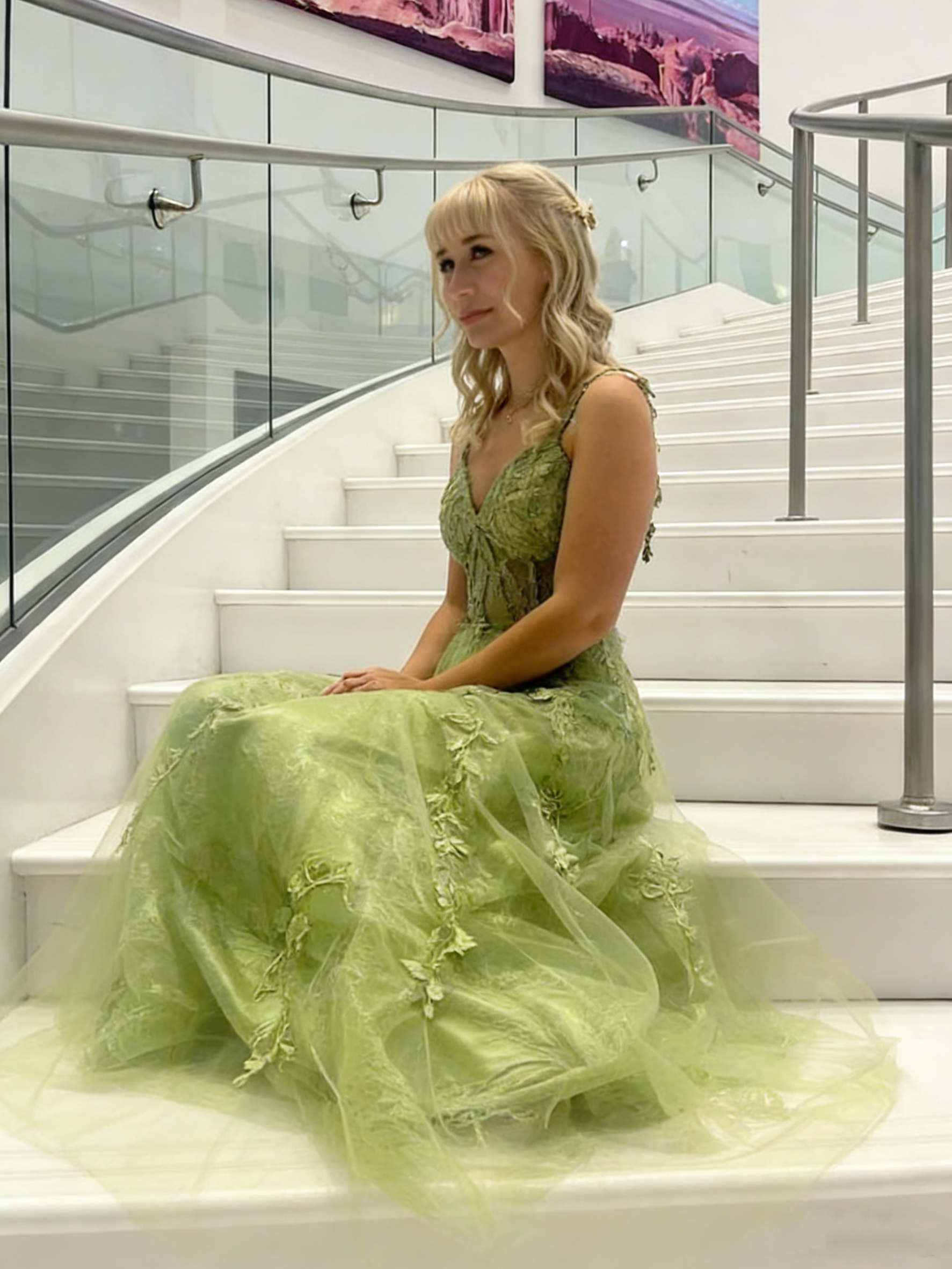 Classy Spaghetti Strap Green Tulle Appliques A Line Long Evening Dress Formal Birthday Evening Dress