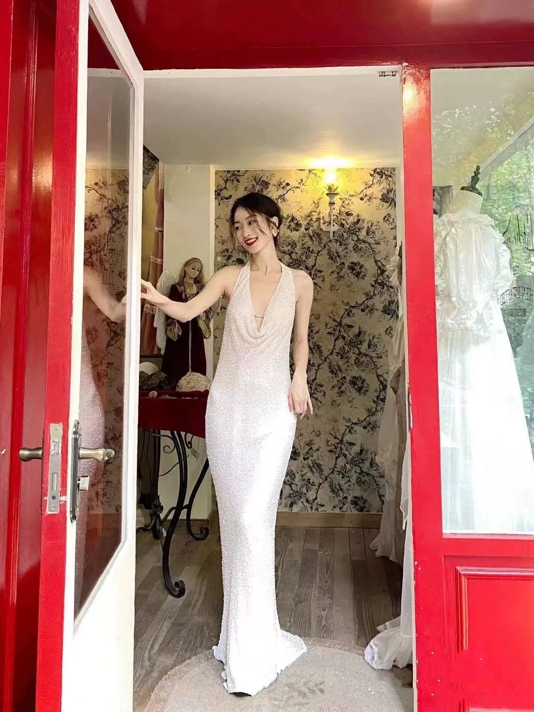 Halter Neck White Sequin Long Prom Dress Elegant Evening Dress