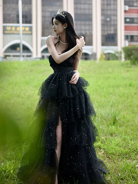Glitter Black Tulle Layered Long Prom Dress Slit Fairy Ball Gown Party Dress