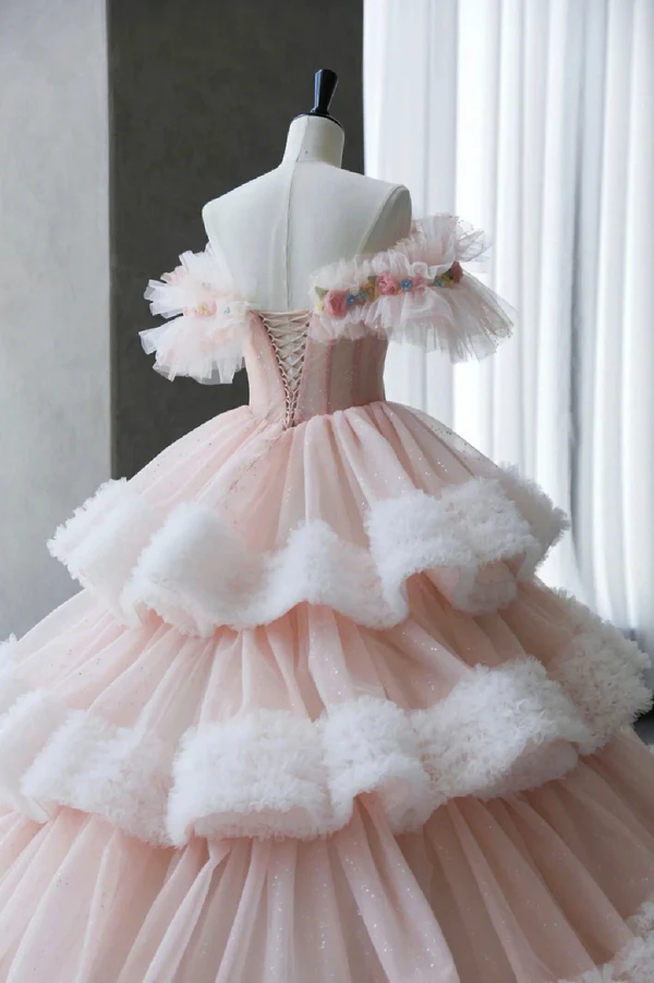 Classy Off The Shoulder Tulle Pleated Tiered Ball Gown Sweet Quinceanera Dress