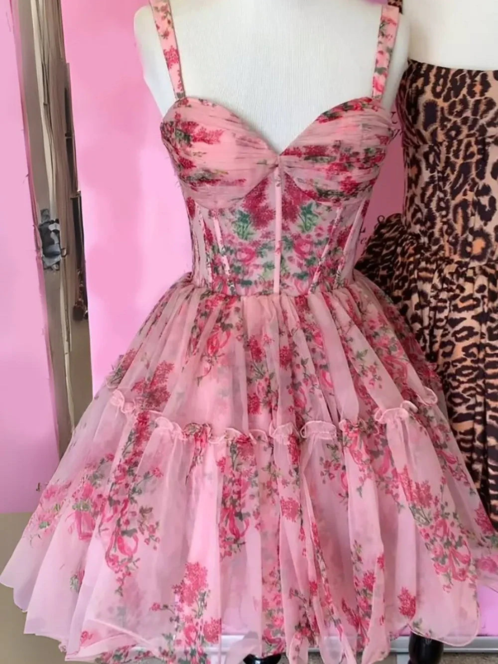 Gorgeous A Line Spaghetti Straps Pink Printed Short Homecoming Dress